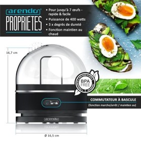 arendo – Cuiseur à œufs avec Fonction Maintien au Chaud INOX, 1 à 7 œufs, Dur, Mollet ou à la Coque, Indicateur Lumineux, Ver