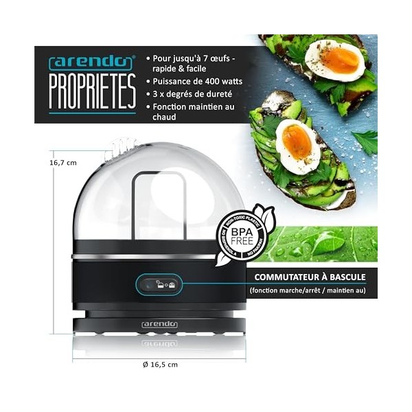 arendo – Cuiseur à œufs avec Fonction Maintien au Chaud INOX, 1 à 7 œufs, Dur, Mollet ou à la Coque, Indicateur Lumineux, Ver
