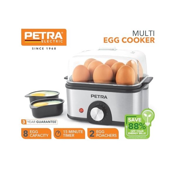 Petra Cuiseur à Œufs Électrique - Capacité de 8 Œufs, Bouillir & Poché des Œufs, Œufs à la Coque, Mollets et Durs, Minuterie 