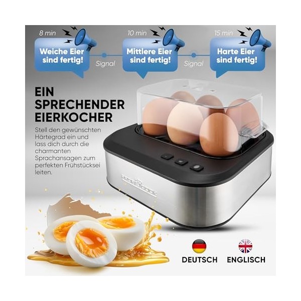 ProfiCook, Cuiseurs à oeufs avec signal vocal, Réglage électronique de la dureté à 3 niveaux, Plaque chauffante à revêtement 