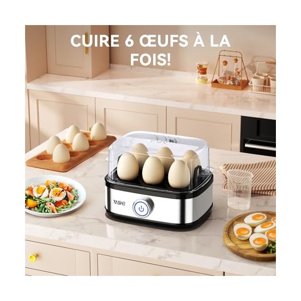 YASHE Cuiseur à œufs, cuisinier dœufs compact de 400 W, 6 œufs faciles à peler, oeufs mollets, oeufs moyens, oeufs durs, Poa