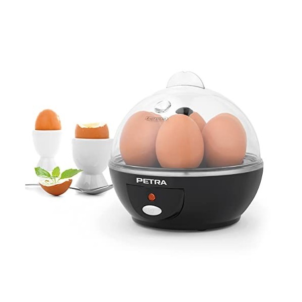 Petra Cuiseur à oeufs Électrique, Cuit jusqua 6 oeufs simultanément, Cuisson à la coque ou dur, Comprend un plateau et Tasse