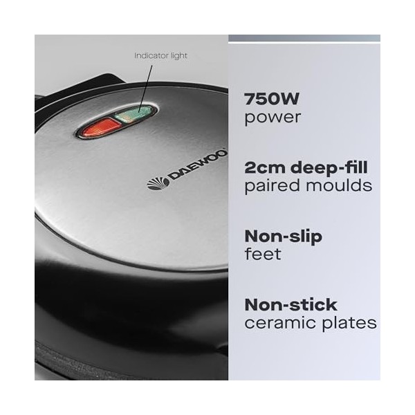 Daewoo SDA1556 Machine à omelette anti-adhésive 750 W avec poignées froides au toucher et indicateurs lumineux faciles à nett