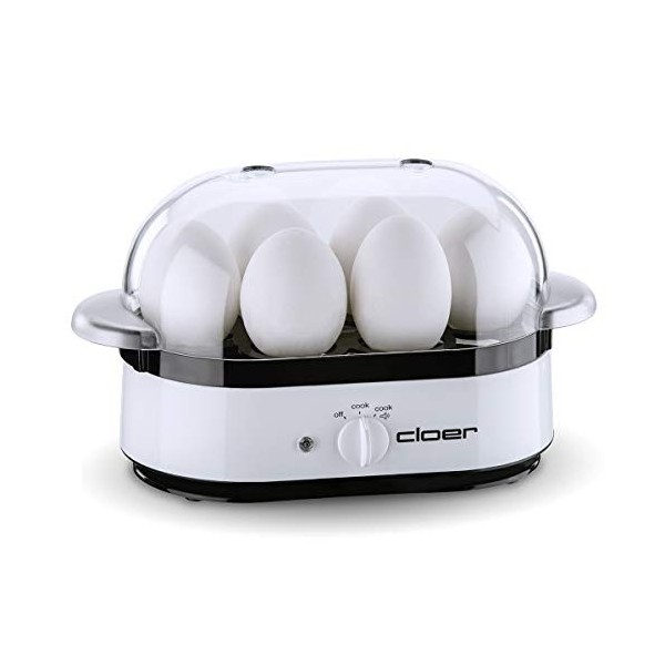 Cloer 6081 Cuiseur 6 œufs, Information Acoustique Quand prêt, 350 W, Boîtier en matière Plastique Blanc, Acier Inoxydable