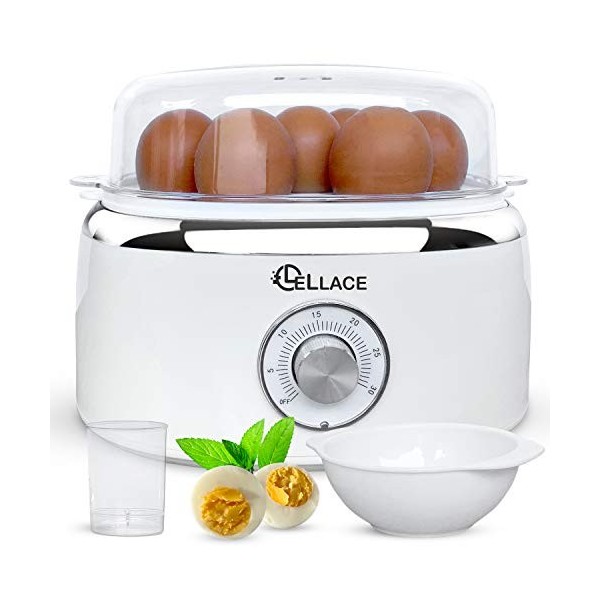 LELLACE Cuiseur à oeufs électrique, 400 W avec minuterie et alarme pour faire 1 à 7 oeufs durs, mollets ou bouillis. Bouilloi