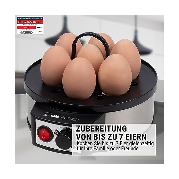 Clatronic Cuiseur dœufs électrique pour jusquà 7 œufs | Cuiseur dœufs en acier inoxydable avec réglage de la dureté | Inte