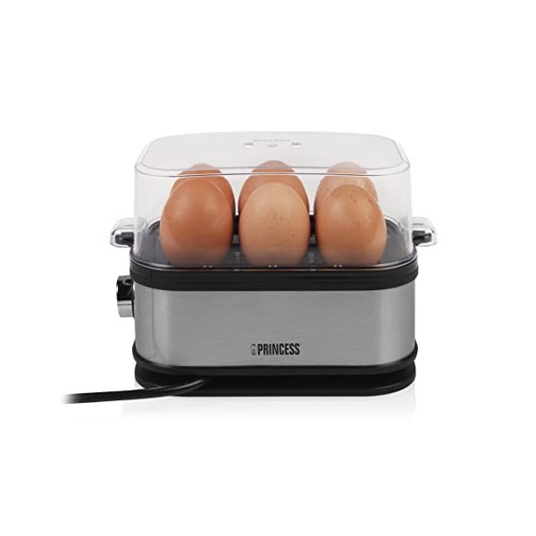 Princess 262046 Cuiseur à œufs électrique - Pour 6 œufs - Œufs durs, mollets ou à la coque - 400 W Inox Brossé