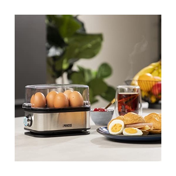 Princess 262046 Cuiseur à œufs électrique - Pour 6 œufs - Œufs durs, mollets ou à la coque - 400 W Inox Brossé