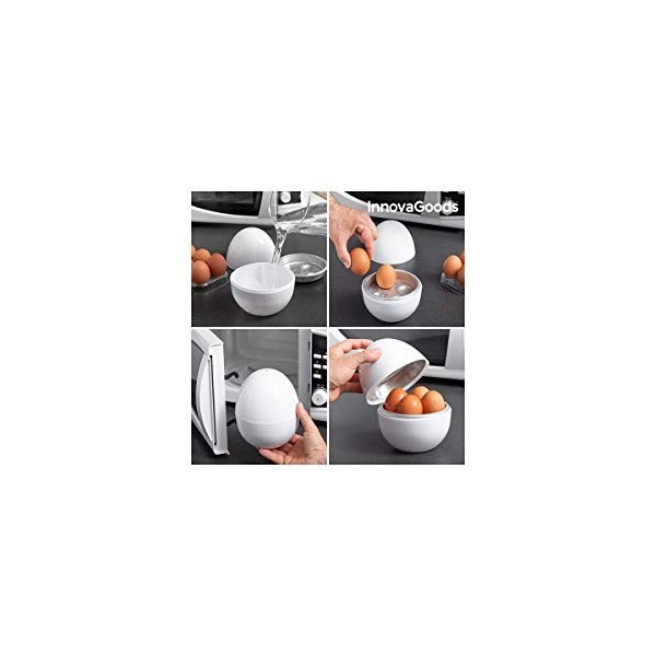 InnovaGoods Cuiseur à œufs micro-ondes rapide, sans matière grasse, Facile à nettoyer, Design argent, Sans BPA, Recettes incl