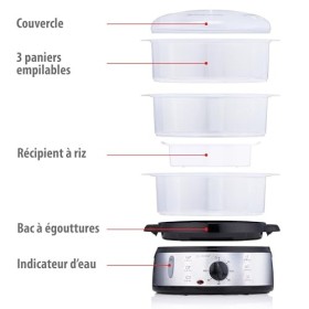 alpina Cuiseur Vapeur - Cuit Vapeur Electrique 800W - Cuisson Vapeur avec 3 Couches - Sans BPA - Lavable au Lave-Vaisselle - 