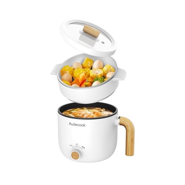 Audecook Hot Pot électrique avec Cuiseur à Vapeur, 1.5L Portable PoêLe Multifonction, Parfait Pour Nouilles/PâTes/œUfs/Soupe/
