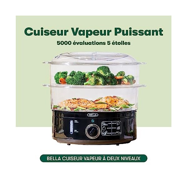 BELLA Cuiseur vapeur à 2 étages avec paniers empilables et base amovible pour une cuisson simultanée rapide - Fonction d’arrê