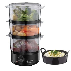 Russell Hobbs Cuiseur Vapeur [Ultra Compact] Noir mat 400W, 7L, 3 niveaux, cuiseur de Riz, Minuterie 60 min, arrêt auto., 3 