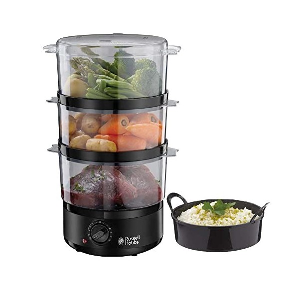 Russell Hobbs Cuiseur Vapeur [Ultra Compact] Noir mat 400W, 7L, 3 niveaux, cuiseur de Riz, Minuterie 60 min, arrêt auto., 3 