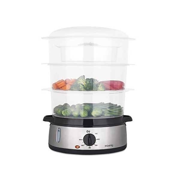 H.Koenig Cuiseur à vapeur électrique VAP10 Inox, Multifonction, 9L, Programmable, Compact, Professionnel, 3 Paniers Empilable