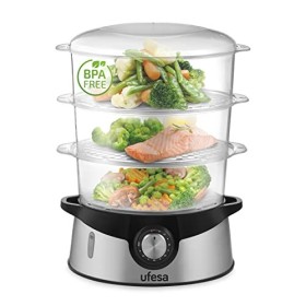 Ufesa CV4000 Cuiseur Vapeur 800W, 3 Plateaux Empilables, Capacité 9L, Minuterie de 60min, Inclus Bol de Riz de 1L, Sans BPA, 