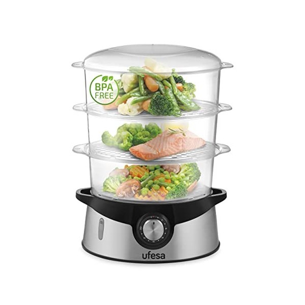 Ufesa CV4000 Cuiseur Vapeur 800W, 3 Plateaux Empilables, Capacité 9L, Minuterie de 60min, Inclus Bol de Riz de 1L, Sans BPA, 