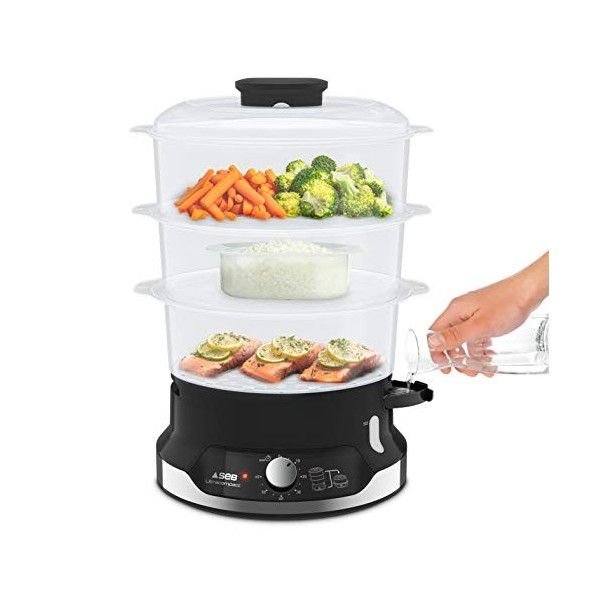 Seb Ultracompact Cuiseur vapeur, Cuisson saine, 9 L, 800 W, 3 bols empilables, Bac à riz et céréales, Minuteur 60 min, Arrêt 