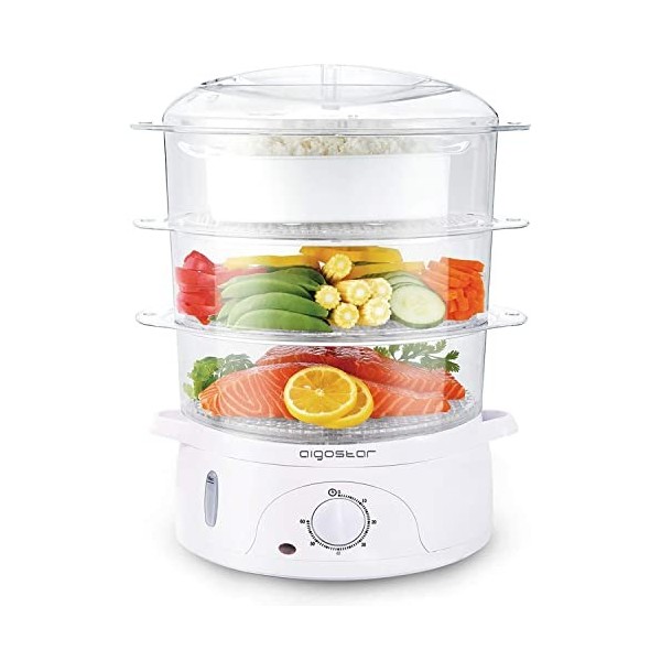 Aigostar Fitfoodie 30CFO - 9L Cuiseur vapeur électrique 0% BPA. Puissance de 800W, Programmable minuterie, 3 niveaux indépend