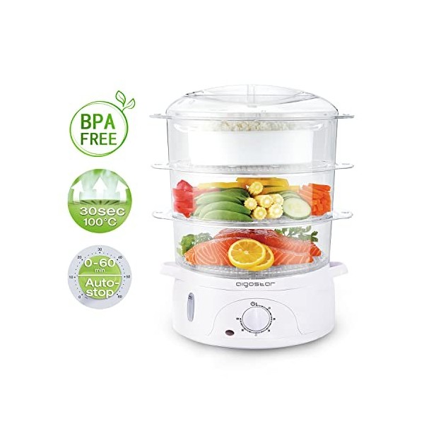 Aigostar Fitfoodie 30CFO - 9L Cuiseur vapeur électrique 0% BPA. Puissance de 800W, Programmable minuterie, 3 niveaux indépend