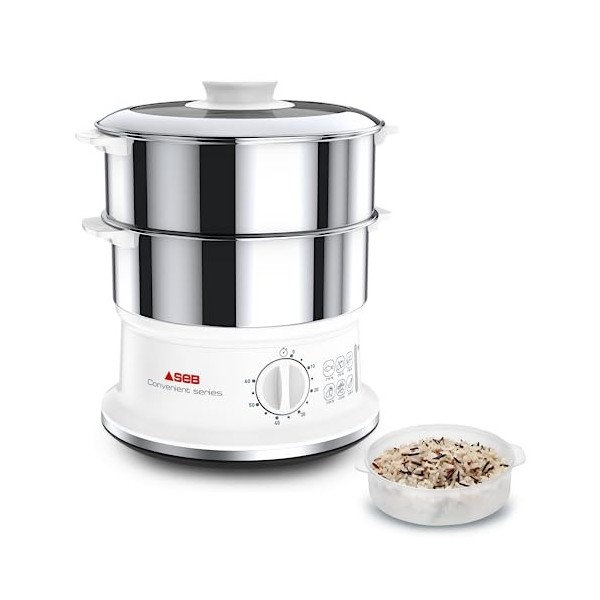 Seb Cuiseur Vapeur série Convenient 2 bols inox, Capacité bol 6 L, Cuisson vapeur, Cuit vapeur compact, Minuteur, Arrêt autom