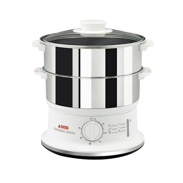 Seb Cuiseur Vapeur série Convenient 2 bols inox, Capacité bol 6 L, Cuisson vapeur, Cuit vapeur compact, Minuteur, Arrêt autom