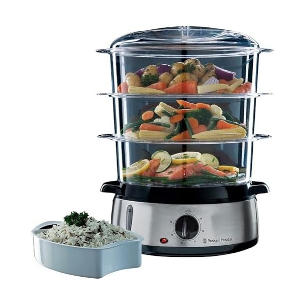 Russell Hobbs Cuiseur Vapeur [Grande capacité] Cook@Home 800W, 9 L, 3 niveaux, 1 panier cuiseur de riz + 6 supports à œufs i