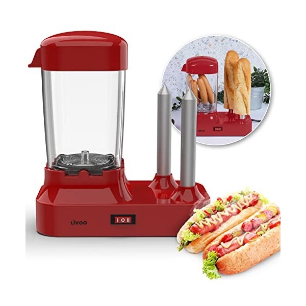 Hot Dog Maker avec 2 chauffe-viennoiseries - Machine à hot-dog pour 6 saucisses - Réservoir chauffant amovible - Chauffe-sauc