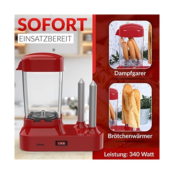 Hot Dog Maker avec 2 chauffe-viennoiseries - Machine à hot-dog pour 6 saucisses - Réservoir chauffant amovible - Chauffe-sauc