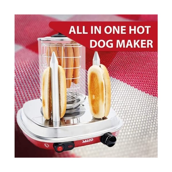 Salco Hot Dog Maker - Cuiseur vapeur de style rétro - 450 W - Avec contrôle thermique - Brochettes chauffantes pour 2 petits 