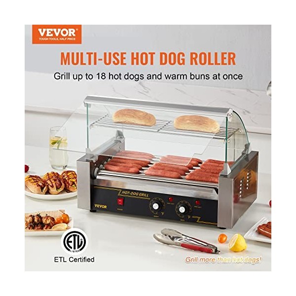VEVOR Rouleau à hot-dogs, 7 rouleaux, machine à griller les saucisses en acier inoxydable avec double contrôle de température