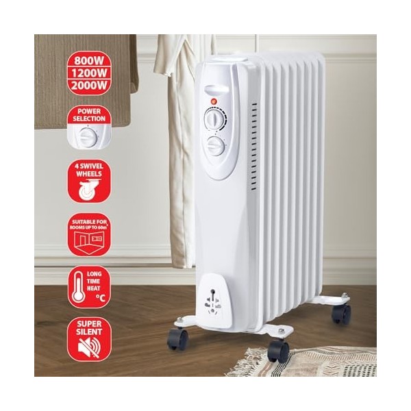 Radiateur dhuile, 9 éléments, 2000W. Blanc