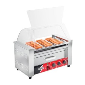 CROSSON Hot Dog Cuisinière à 7 rouleaux avec chauffe-viennoiseries, couvercle transparent, 7 rouleaux antiadhésifs 304SS et c