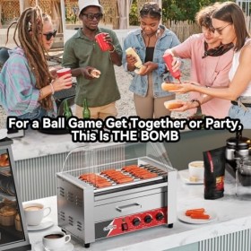 CROSSON Hot Dog Cuisinière à 7 rouleaux avec chauffe-viennoiseries, couvercle transparent, 7 rouleaux antiadhésifs 304SS et c