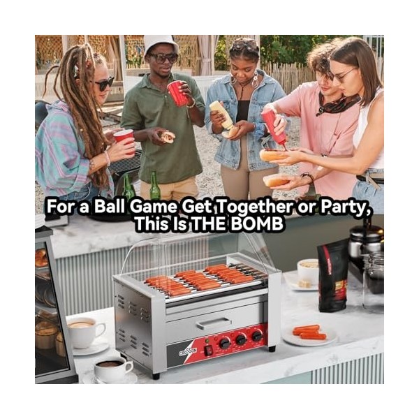 CROSSON Hot Dog Cuisinière à 7 rouleaux avec chauffe-viennoiseries, couvercle transparent, 7 rouleaux antiadhésifs 304SS et c