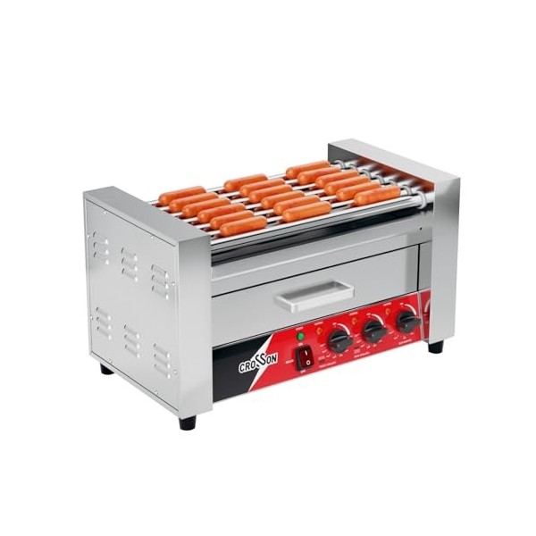 CROSSON Hot Dog Cuisinière à 7 rouleaux avec chauffe-pain, 7 rouleaux antiadhésifs 304SS et commande à double température