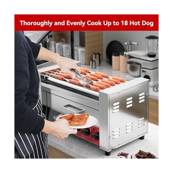CROSSON Hot Dog Cuisinière à 7 rouleaux avec chauffe-pain, 7 rouleaux antiadhésifs 304SS et commande à double température