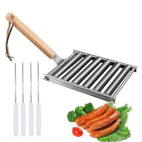 Holzsammlung Rouleau à Hot Dog, Capacité de 5 Hot Dog, Support à Saucisses en Acier Inoxydable, Gril Extérieur Roulant avec M