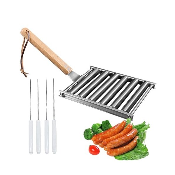 Holzsammlung Rouleau à Hot Dog, Capacité de 5 Hot Dog, Support à Saucisses en Acier Inoxydable, Gril Extérieur Roulant avec M