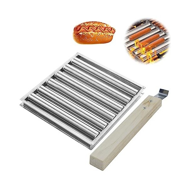mumisuto Rouleau à Hot-Dog pour Grill, Rouleau de Gril à Hot-Dog Antiadhésif avec Manche en Bois, BBQ Hot Dog Roller Rouleau 