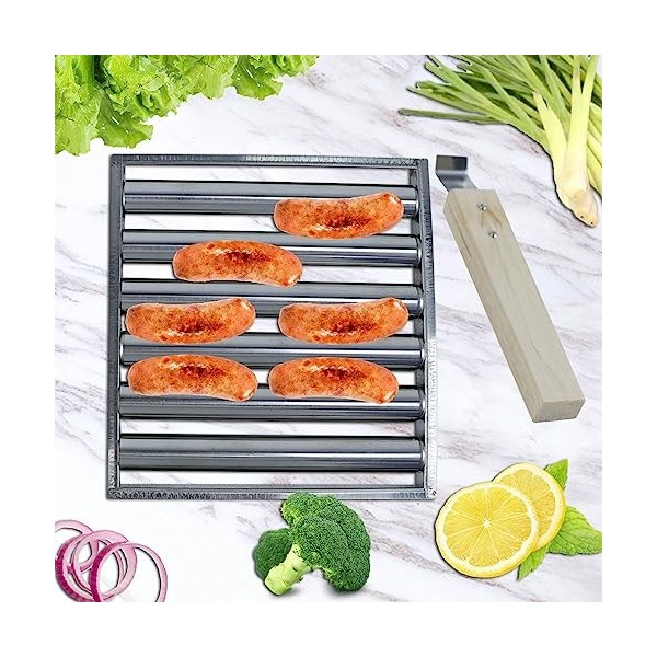 mumisuto Rouleau à Hot-Dog pour Grill, Rouleau de Gril à Hot-Dog Antiadhésif avec Manche en Bois, BBQ Hot Dog Roller Rouleau 