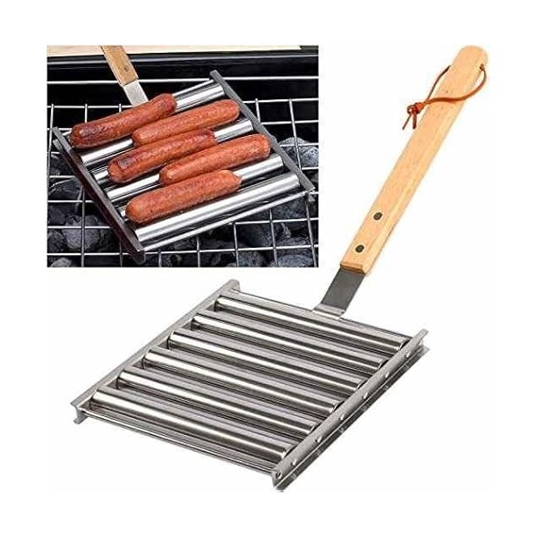 Topyond Rouleau à Hot-Dog en Acier Inoxydable pour Grill, Support à Saucisses, Poignée en Bois étendue, Support à Rouleau pou