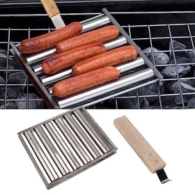 Topyond Rouleau à Hot-Dog en Acier Inoxydable pour Grill, Support à Saucisses, Poignée en Bois étendue, Support à Rouleau pou