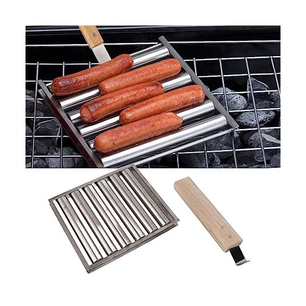 Topyond Rouleau à Hot-Dog en Acier Inoxydable pour Grill, Support à Saucisses, Poignée en Bois étendue, Support à Rouleau pou