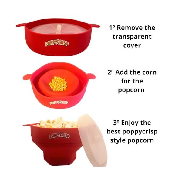 PoppyCrisp - Bol pliable en silicone pour popcorn, popcorn pliable, popcorn silicone, popcorn micro-ondes, popcorn, machine à