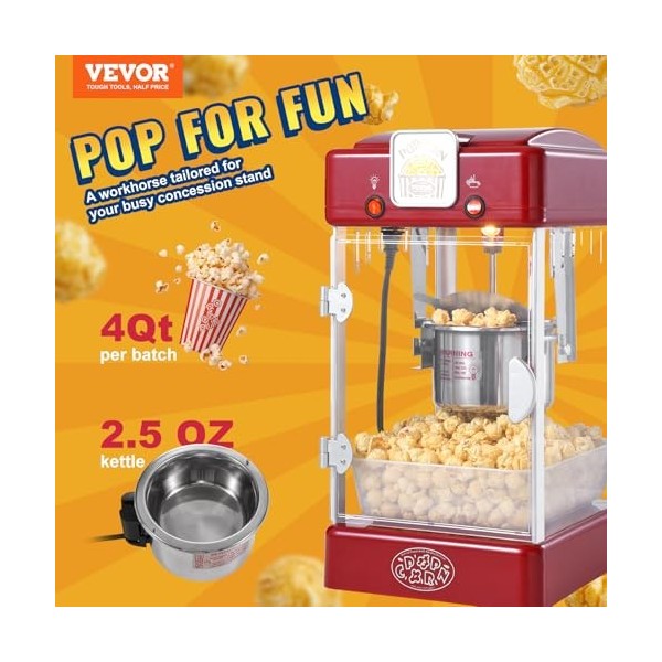 VEVOR Machine à Pop Corn 300 W, Appareil à Pop-corn de Comptoir Électrique, Bol de 71 g pour 3,8 L par Lot, avec Porte en PP,