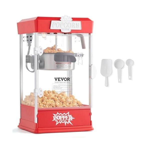 VEVOR Machine à Pop Corn 480 W, Appareil à Pop-corn de Comptoir Électrique, Grand Bol de 113 g pour 5,7 L par Lot, avec Verre