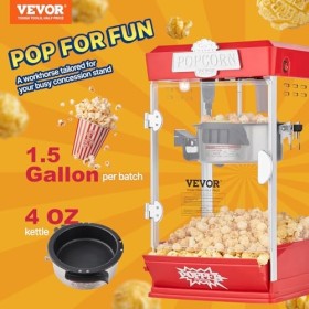 VEVOR Machine à Pop Corn 480 W, Appareil à Pop-corn de Comptoir Électrique, Grand Bol de 113 g pour 5,7 L par Lot, avec Verre