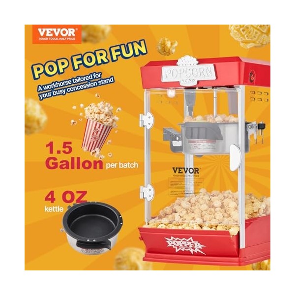 VEVOR Machine à Pop Corn 480 W, Appareil à Pop-corn de Comptoir Électrique, Grand Bol de 113 g pour 5,7 L par Lot, avec Verre