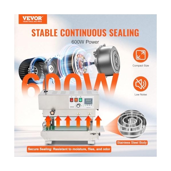 VEVOR Machine de scellage de sacs en continu, largeur de scellage 6-12 mm, scelleuse à bande verticale acier inoxydable avec 